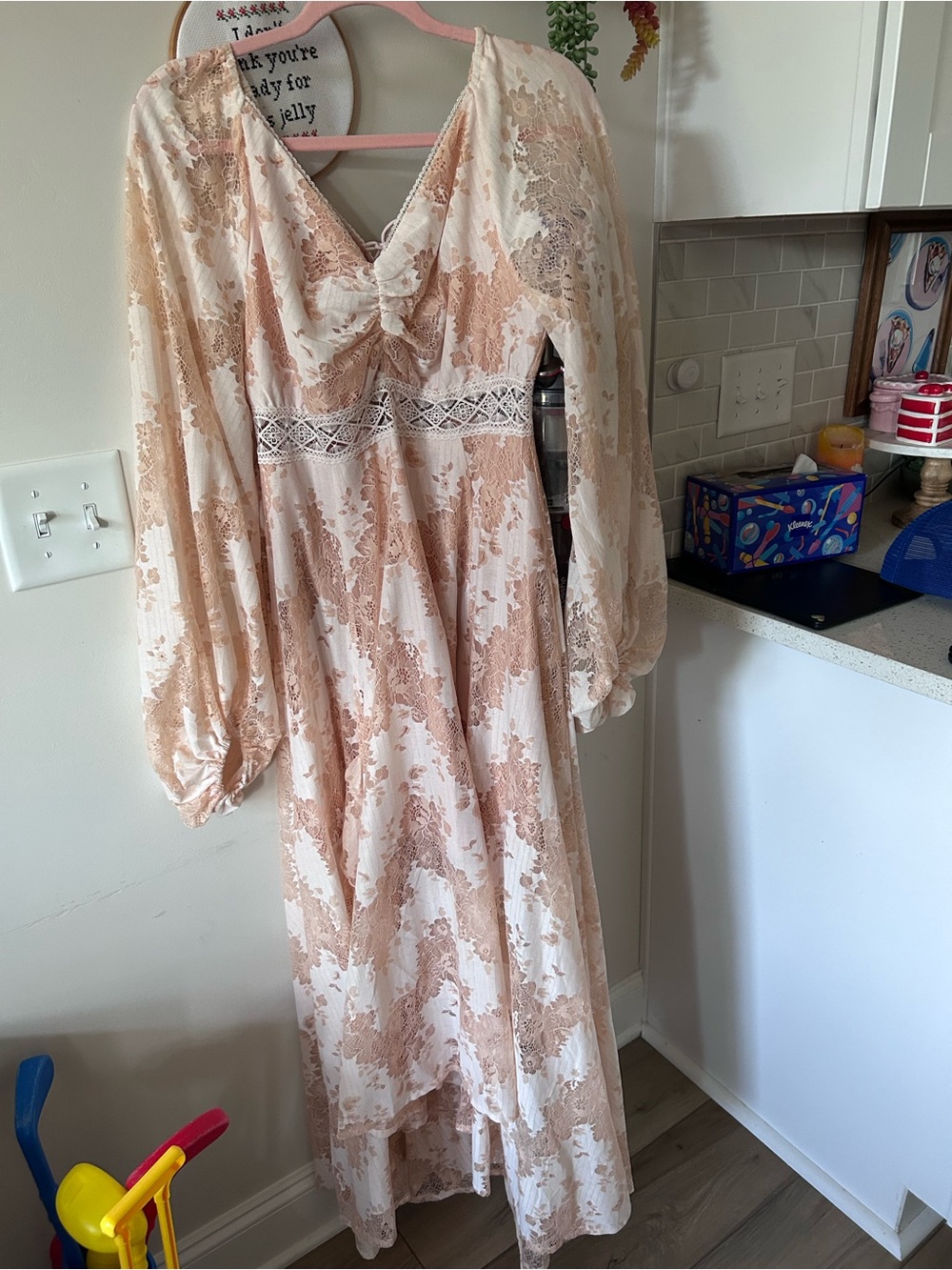 Joyfolie Long Sleeve Maxi Dress in Blush and Cream Lace